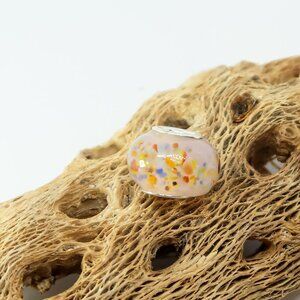 Pink with Polka Dots European Glass Charm Bead with Silver Core Center